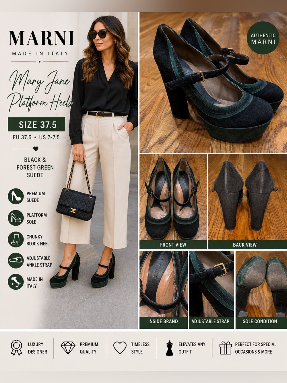 Marni Black & Green Suede Mary Jane Platform Heel Size 37.5 approximate US 7-7.5